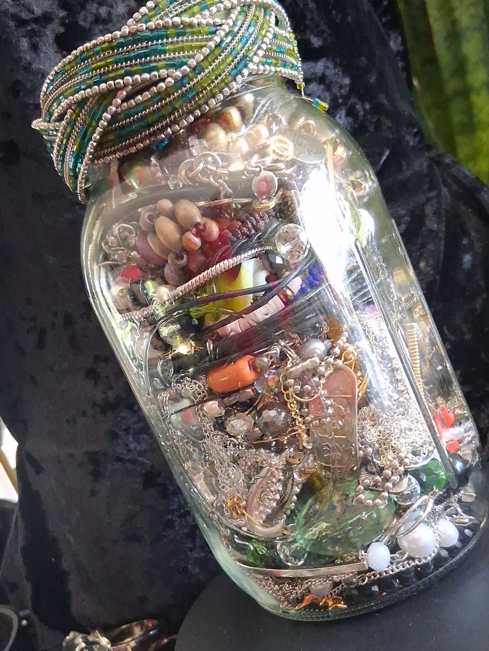 Mixed Costume Jewelry Jar with Beaded Wrap Earrings, Necklaces & Bracelets.